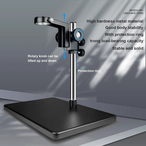 Digital Microscope With Large Stable Base Stand For Detailed Inspections, showing metal stand and rotary knob for adjustment.