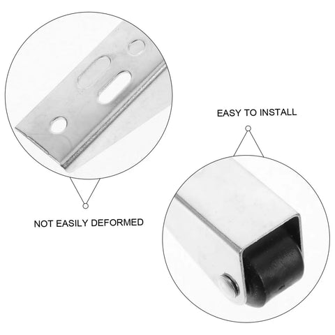 Close-up of Heavy Duty Sliding Door Rollers and Low Profile Cabinet Wheels with Slick Ball Bearings, showing installation features.
