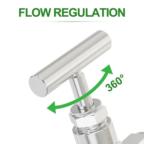 Stainless steel needle valve, 1/2 in NPT female x 1/2 in tube OD, high-pressure flow control, close-up view