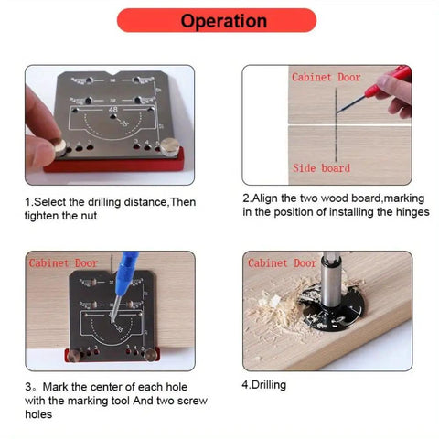 Precision 35mm Cabinet Hinge Drill Jig With Heavy Duty Locator Frame To Dead On Mark Every Hole And Make Quick Door Hardware Installation A Total Breeze For Easy Shop Setups And Pro Builders, showing operation steps.