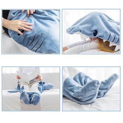 Collage of Cozy Shark Blanket Hoodie For Adults Wearable Sleeping Bag With Fin And Tail Flap Design Perfect For Lounging
