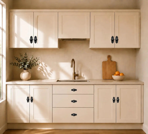 Level Up Your Home Game With These Slick Matte Black Cabinet Knobs Featuring A Heavy Duty Decorative Backplate on kitchen cupboards.