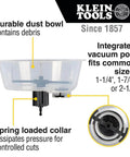Klein Tools 53710 front view: adjustable circle hole cutter with dust bowl and vacuum port for drywall, 2–7 in.