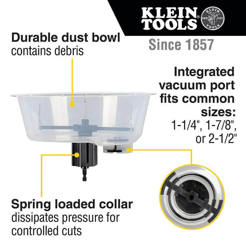 Klein Tools 53710 front view: adjustable circle hole cutter with dust bowl and vacuum port for drywall, 2–7 in.