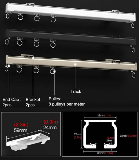Premium Ceiling Curtain Track System With Smooth Bearing Wheels For Noise Reducing Privacy, Waterproof And Wear Resistant Aluminum Rail Kit Adjustable Length Removable End Caps Perfect Room Divider black and silver aluminum track with rings, 28mm profile