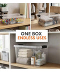 Clear Plastic Storage Bins With Snap On Lids For Home Office Organization Stackable Crates BPA Free Non Toxic Craft And Tool Organizer 13.7 Quart 12 Pack, filled with toys, tools, and towels.