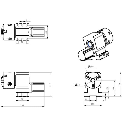 Precision CNC 4th Axis Rotary Table with harmonic reducer gearbox and NEMA23 stepper motor dimensions and details.