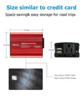 Premium 150W Car Power Inverter 12V DC To 110V AC Converter size compared to credit card for easy storage.