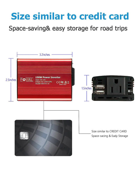 Premium 150W Car Power Inverter 12V DC To 110V AC Converter size compared to credit card for easy storage.