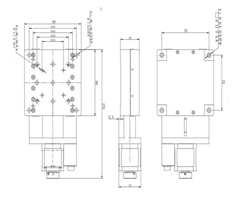 Technical drawing of Heavy Hitter Motorized Linear Translation Stage With Stepper Motor dimensions and features.