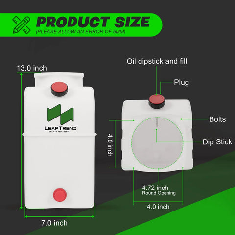 Dimensions of 6 Quart Poly Power Unit Hydraulic Fluid Reservoir Tank For Heavy Duty Systems with measurements and features shown