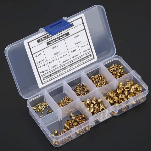 Boss Grade 650 Piece Brass Eyelets And Rivets Hardware Kit With Hollow Metal Buttonholes for easy fastening, organized in case.