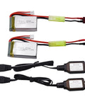 Two Pack 7.4V 850mAh LiPo Battery With Mini Tamiya Plug For 1 By 18 Scale RC Cars Trucks, 6.29Wh, 2S, Rechargeable Power Upgrade With USB Cable Included Today, showing batteries and USB cables