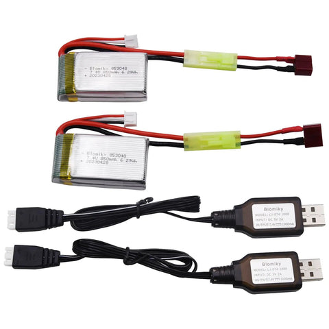 Two Pack 7.4V 850mAh LiPo Battery With Mini Tamiya Plug For 1 By 18 Scale RC Cars Trucks, 6.29Wh, 2S, Rechargeable Power Upgrade With USB Cable Included Today, showing batteries and USB cables
