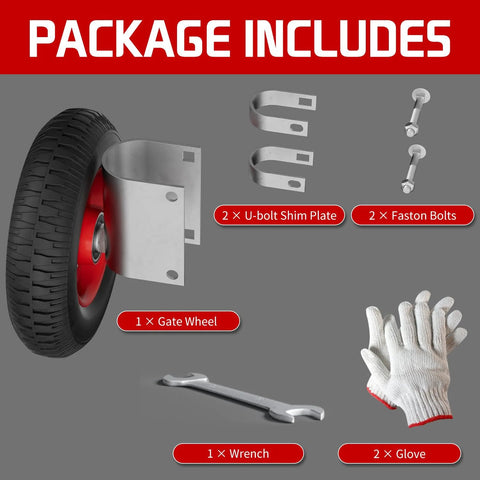 Package includes components of 8 Inch Gate Wheel For Round Tube Gates From 1 5 8 Inch To 2 1 2 Inch Heavy Duty Caster