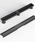 36 Inch Matte Black Stainless Steel Rectangular Shower Drain With Grid Cover, Adjustable Feet, Hair Strainer, Removable Cover