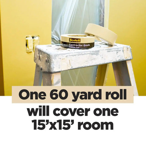 Contractor Grade Tan Masking Tape 0.7 Inch By 60.1 Yards One Roll on ladder with painted wall background