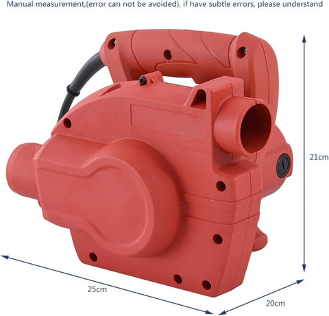 Pro Grade Beast 1600W Two In One Blower Vacuum Combo, red plastic construction, showing side view and dimensions for workshop cleanup.