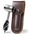 Rugged Bushcraft Settlers Hand Auger With Scotch Eye and Peg Maker with leather case shown upright.
