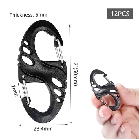 12 Pack 2 Inch Plastic S Carabiner Clips Dual Carabiner Keychain Hooks For Backpacks Bags And Zippers in black, detailed view