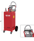 Bad Boy 35 Gallon Portable Gas Caddy with rugged wheels, manual siphon pump, and 11.9 ft hose for diesel and gasoline transfers.