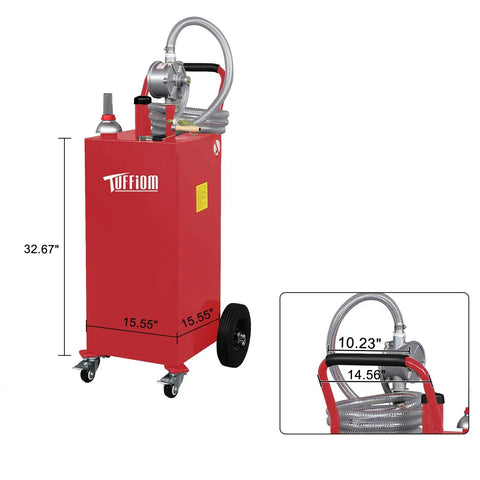 Bad Boy 35 Gallon Portable Gas Caddy with rugged wheels, manual siphon pump, and 11.9 ft hose for diesel and gasoline transfers.