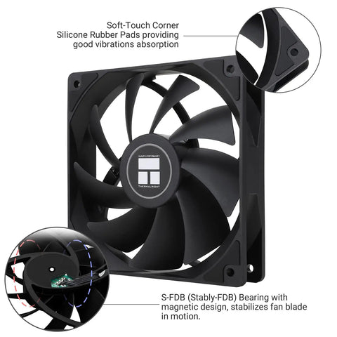 TL-C12C X3 120mm PWM CPU Fan with S-FDB Bearing, showcasing vibration-absorbing rubber pads and S-FDB magnetic design