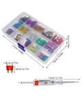 100 Piece Car Fuse Assortment Kit With Tester And Puller Tool For Standard Mini Low Profile Blade Fuses Auto Truck Boat Electrical Replacement And Repair, showing organized fuses in clear box with labeled measurements.