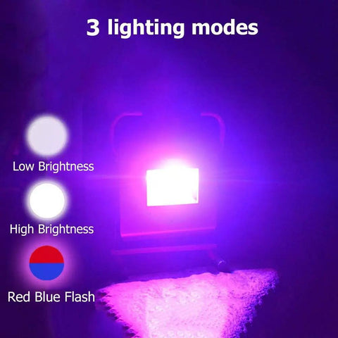 JUDYSSY Led Rechargeable Work Lights showing 3 lighting modes: low brightness, high brightness, and red blue flash.