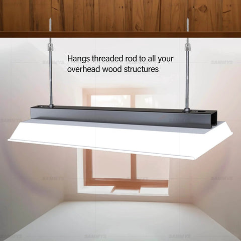 Vertical Threaded Rod Anchor For Wood, Three And One Half Inch Screw, Zinc Finish Steel, installed with overhead lighting