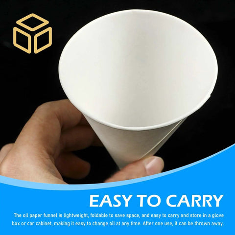 Hand holding a 50 Pack Disposable Paper Oil Funnels for Cars and Home, showing close-up of a 6oz Leakproof Auto Fluid Dispenser.