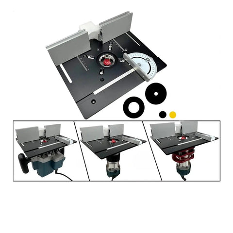 Heavy Duty Aluminum Router Table Insert Plate With Sharp Centering Bushing Solid Woodworking Milling Gear showing precision cuts and mounting.