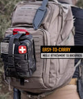 250 Piece Survival First Aid Kit With IFAK EMT MOLLE Pouch attached to backpack in outdoor setting