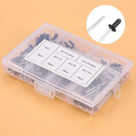 Premium Aluminum Blind Rivet Assortment Kit For DIY Projects With 4 Sizes M2.4 M3.0 M3.2 M4 In Sturdy Box, top view display.