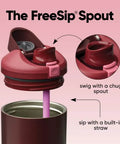 Lid and straw detail of FreeSip Insulated Stainless Steel Tumbler With Built In Straw 40oz in Black Cherry.