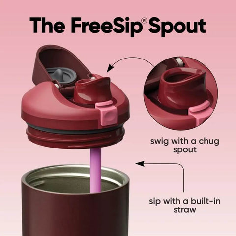 Lid and straw detail of FreeSip Insulated Stainless Steel Tumbler With Built In Straw 40oz in Black Cherry.