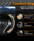 Top Shelf Leather Steering Wheel Cover Universal For Almost Every Ride Easy Swap Non Slip Beige Auto Accessory showing comfort grip design and stitch detail.