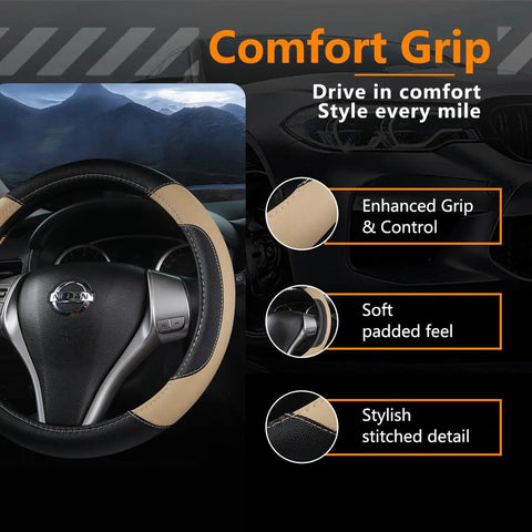 Top Shelf Leather Steering Wheel Cover Universal For Almost Every Ride Easy Swap Non Slip Beige Auto Accessory showing comfort grip design and stitch detail.