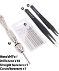Hand drill with 10 drill heads, straight and curved tweezers from 27 Piece Modeler Tools Craft Set For Miniatures Mecha Cars And Robots