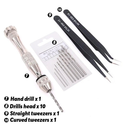 Hand drill with 10 drill heads, straight and curved tweezers from 27 Piece Modeler Tools Craft Set For Miniatures Mecha Cars And Robots