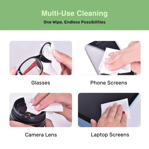 SOLWST Optix lens cleaning wipes collage showing four uses: glasses, phone screens, camera lens, laptop screens.
