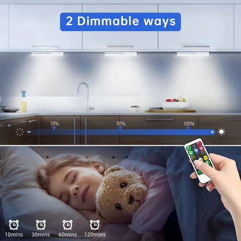 Super Handy Rechargeable Dimmable Motion Sensor Led Lights For Under Cabinet And Step Lighting illustrating dimmable modes