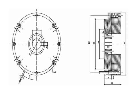 Technical drawing of Beefy Torque Electromagnetic Brake TQEB2-200 200NM with dimensions and specifications.