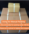 Heavy Duty Hand Grade Polypropylene Strapping Coil Delivering Knockout 130 Pound Break Strength And Three Twenty Eight Feet Of Smooth White Strapping With One Hundred Snap Buckles For Seamless Cargo Securing used on cardboard boxes for manual packing.