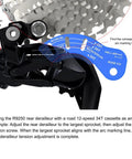 R9250 derailleur with 12-speed 34T cassette, blue tool for tension adjustment showing alignment process on road bike system.