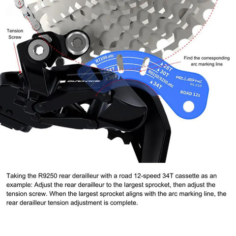 R9250 derailleur with 12-speed 34T cassette, blue tool for tension adjustment showing alignment process on road bike system.