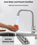 Top Tier Cold Only Kitchen Sink Faucet Single Hole Install Sus 304 Stainless Steel With Brushed Nickel Finish No Sweat 360 Degree Swivel Lead Free Tap For Double Sinks Zero Drama with running water and tomato.