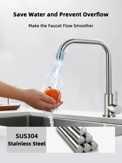 Top Tier Cold Only Kitchen Sink Faucet Single Hole Install Sus 304 Stainless Steel With Brushed Nickel Finish No Sweat 360 Degree Swivel Lead Free Tap For Double Sinks Zero Drama with running water and tomato.