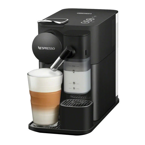 Latte Ready Lattissima One Espresso Machine With Milk Frother For Home Barista Vibe, in Shadow Black with glass of cappuccino.
