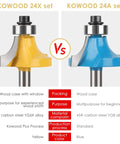 Comparison of Kowood 24X yellow and 24A blue router bits from the 24 Piece 1/4 Inch Shank Router Bit Set With T Shape Bits For Pros And Beginners